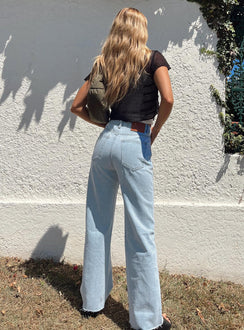 Front view of model wearing  front Princess Polly High Waisted  Arlington Straight Leg Denim Jeans Light Wash