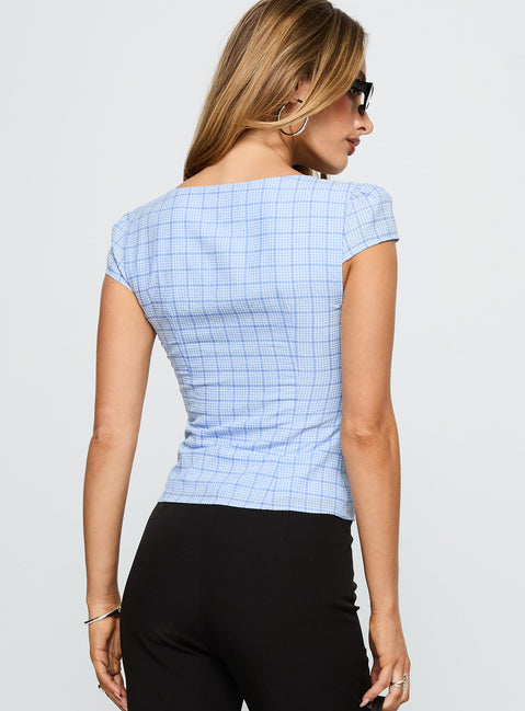 back view of model wearing Princess Polly Getting Close Button Up Top Blue Check Short Sleeves Sweetheart 