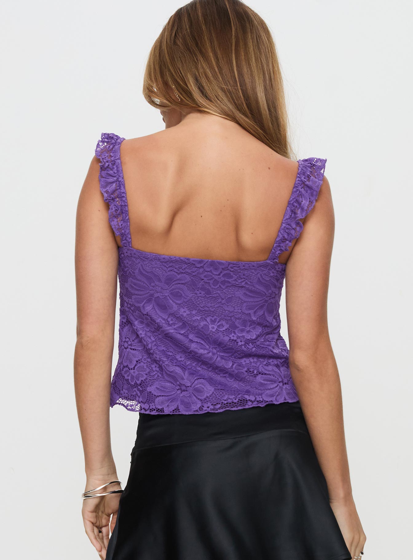 back view of model wearing Princess Polly Madaleine Lace Top Purple Sleeveless Square Neck 