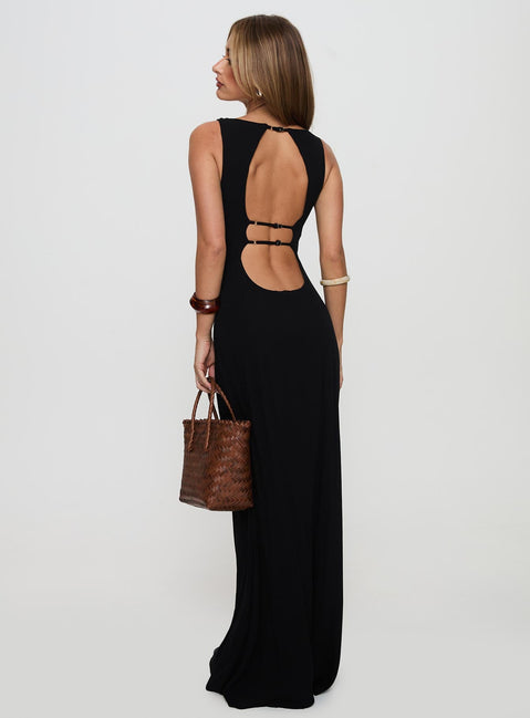 back view of model wearing Princess Polly Ace Of Hearts Backless Maxi Dress Black Petite Crew Neck 