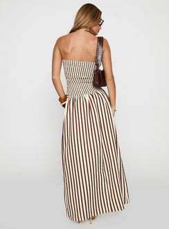 back view of model wearing Princess Polly Adessa Strapless Maxi Dress Multi Straight Neck 