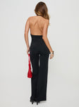 Jumpsuit Plunging neckline, halter style, silver-toned buckle detail at bust, straight leg fit Good stretch, unlined  Princess Polly Lower Impact 