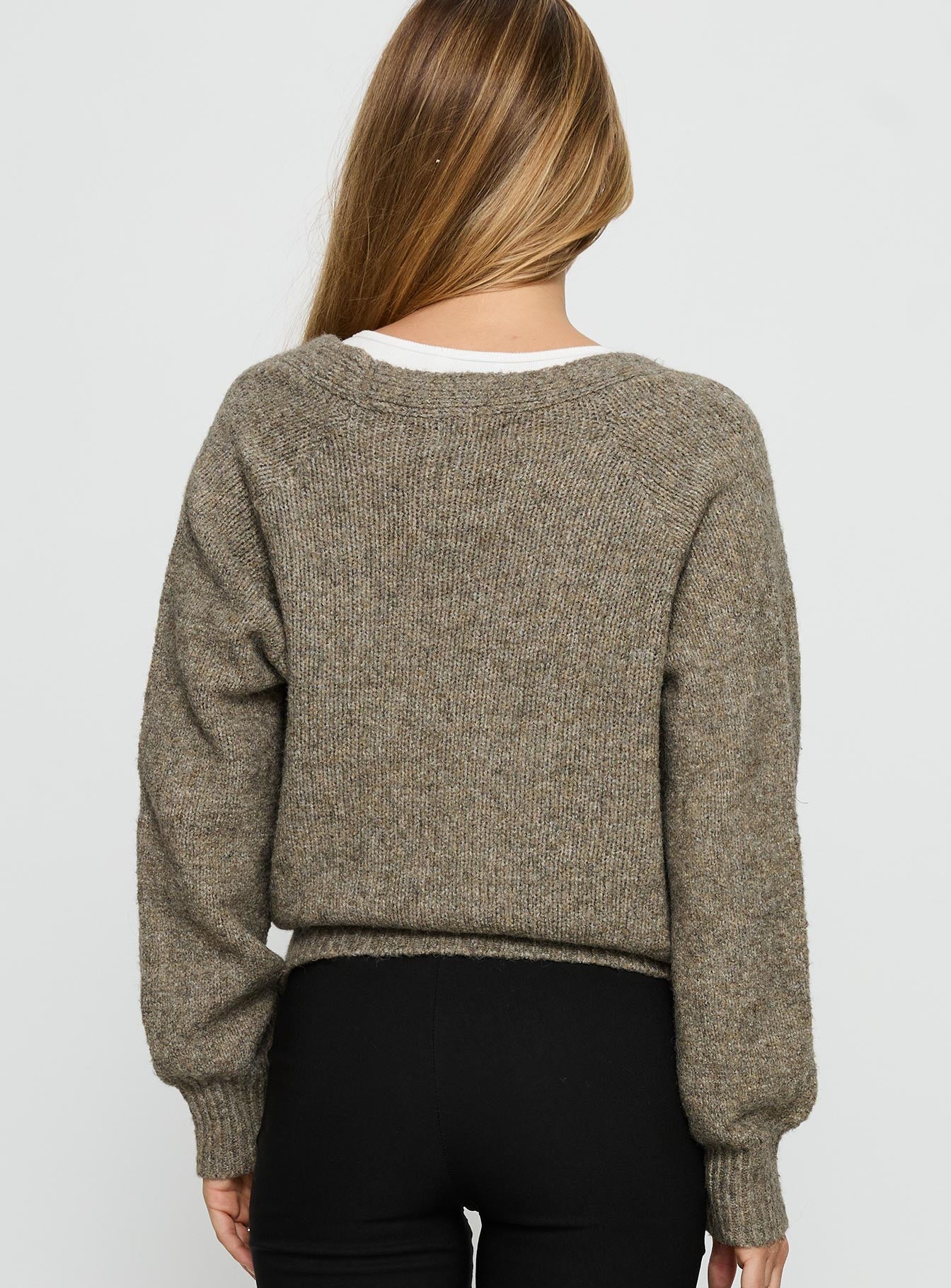 back view of model wearing Princess Polly Daelan Wrap Knit Cardigan Brown regular 