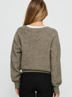 back view of model wearing Princess Polly Daelan Wrap Knit Cardigan Brown regular 