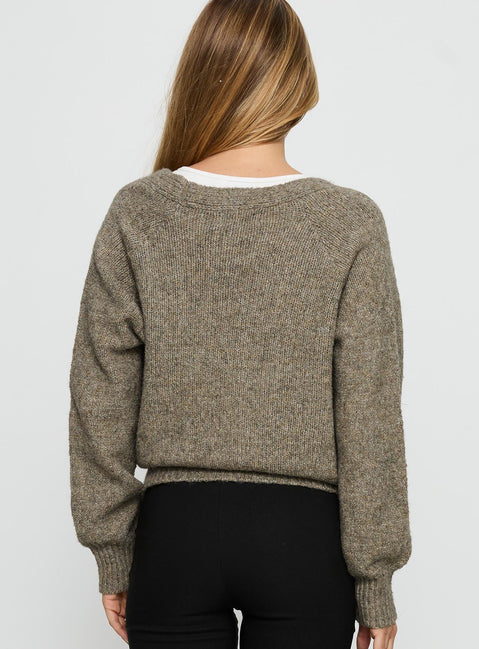 back view of model wearing Princess Polly Daelan Wrap Knit Cardigan Brown regular 