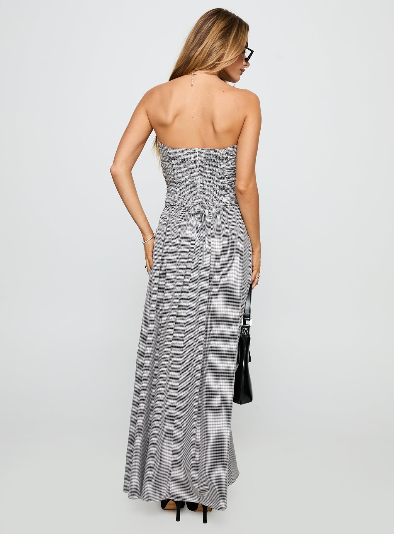 back view of model wearing Princess Polly Arkadia Strapless Maxi Dress Black / White Check Straight Neck 