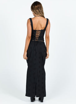 Front view of model wearing  front Flowerfields Maxi Skirt Black Princess Polly  Maxi 