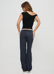 Low rise pants Straight leg fit, twin hip pockets, drawstring fasting, contrast piping down sides Non-stretch material, unlined 