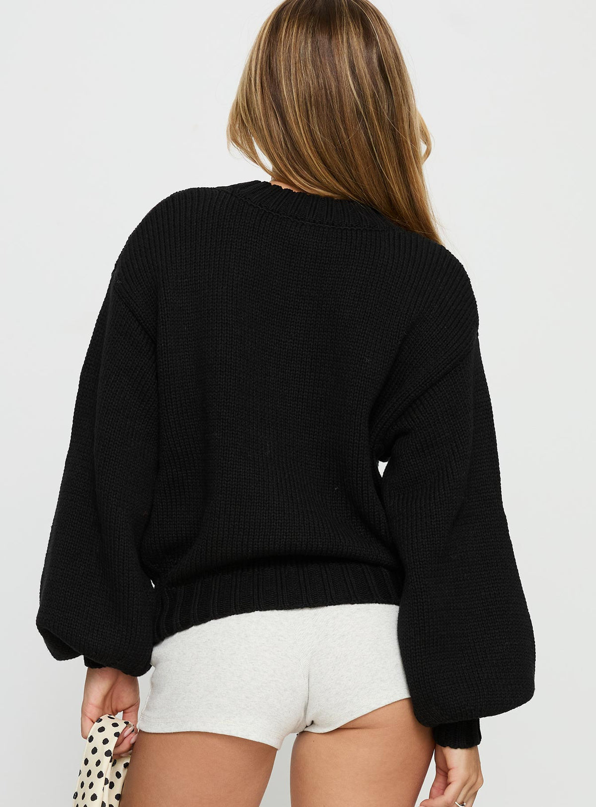 back view of model wearing Princess Polly Edern Cardigan Black Cropped Jumpers Jumpers 