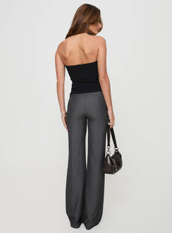 back view of model wearing Princess Polly Kinkirk Flared Pants Grey Pinstripe Tall Low Rise Pants 