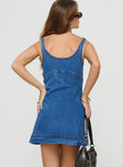 Denim mini dress Scooped neckline, fixed straps, exposed zip fastening, contrast stitching detail Slight stretch, unlined 