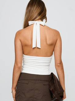 back view of model wearing Princess Polly No Hard Feelings Twist Top White Sleeveless Plunger 