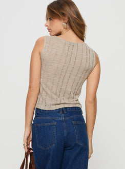 back view of model wearing Princess Polly Cassander Top Beige Sleeveless High Neck 