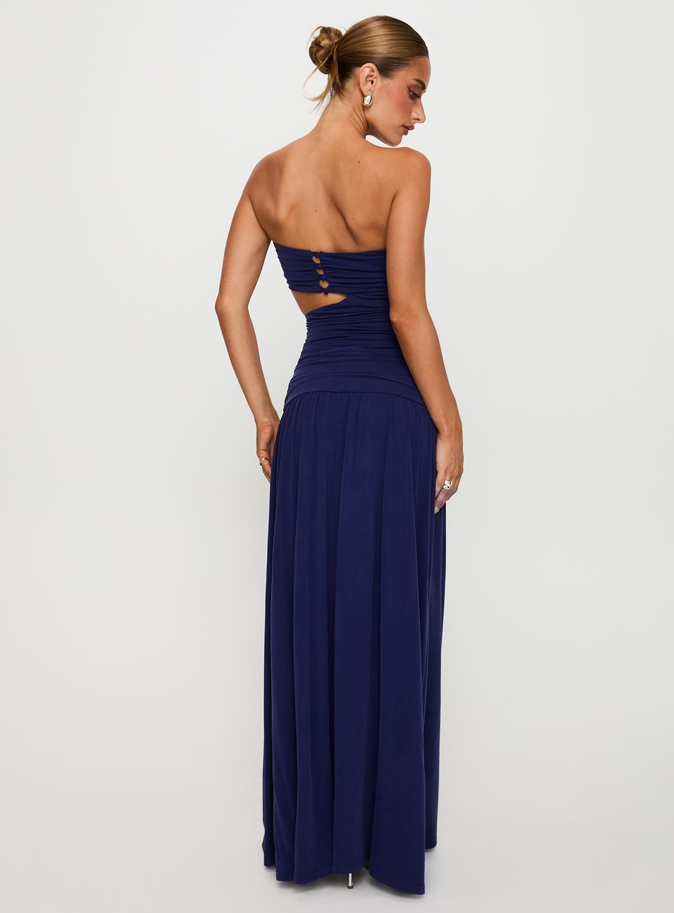 back view of model wearing Princess Polly Grandeur Strapless Maxi Dress Navy Straight Neck 