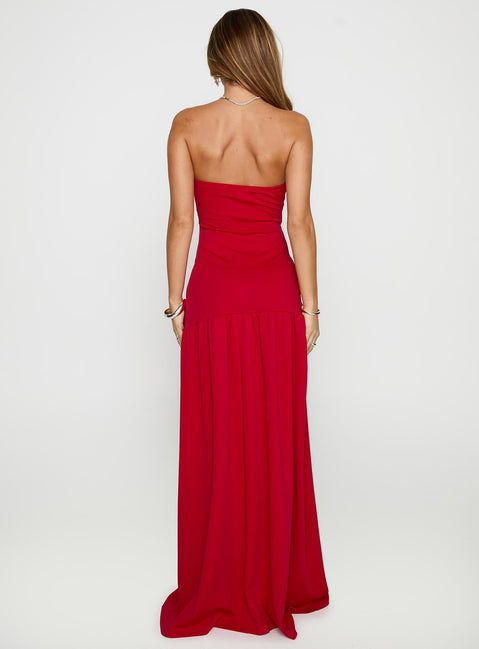 back view of model wearing Princess Polly Move Me Strapless Maxi Dress Red Straight Neck 