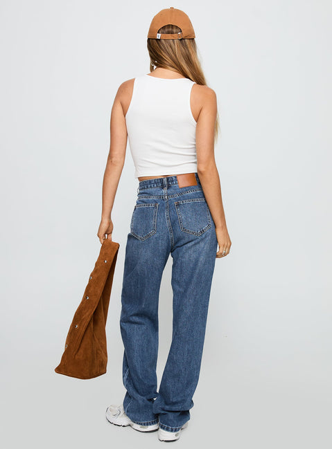 Laid Back Low Rise Straight Leg Jeans Dark Blue Wash