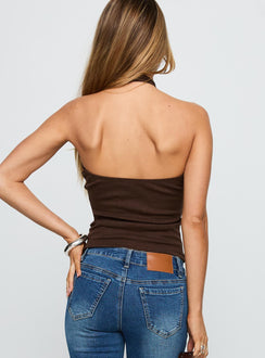back view of model wearing Princess Polly Evandar Hardware Detail Halter Top Brown Sleeveless Asymmetric Neckline 