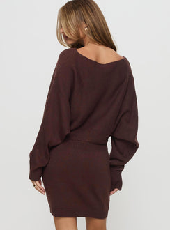 back view of model wearing Princess Polly Bellamie Long Sleeve Mini Dress Chocolate Boat Neck 