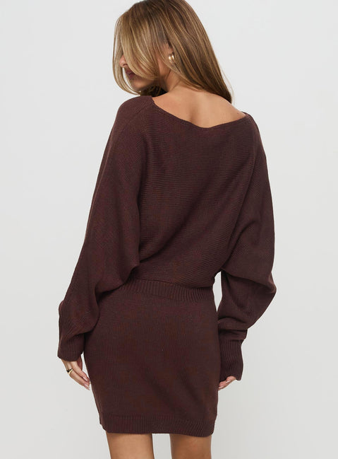 back view of model wearing Princess Polly Bellamie Long Sleeve Mini Dress Chocolate Boat Neck 