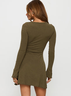 back view of model wearing Princess Polly Dejonge Ring Mini Dress Olive Crew Neck 