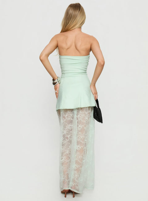 Aleda Sheer Lace Detail Strapless Maxi Dress Sage