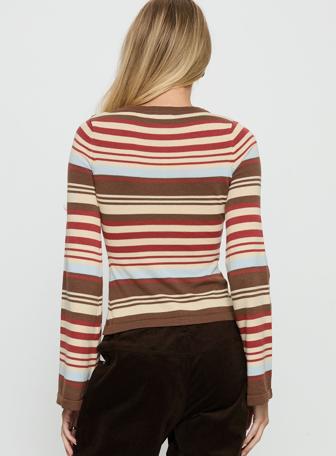 back view of model wearing Princess Polly Milda Knit Cardigan Multi Stripe 