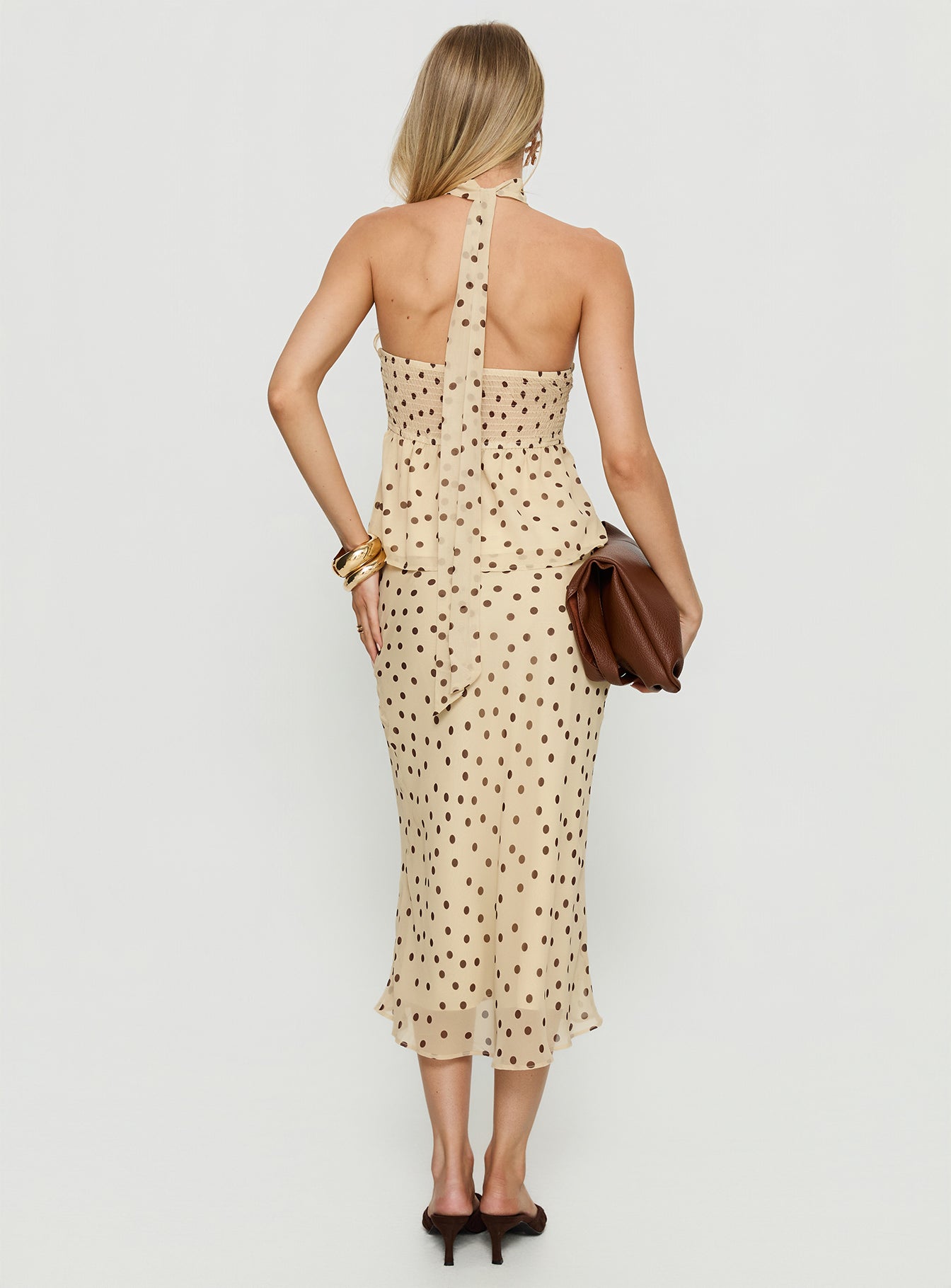 back view of model wearing Princess Polly Sydni Midi Bias Cut Skirt Yellow / Chocolate Polka Midi Skirts 