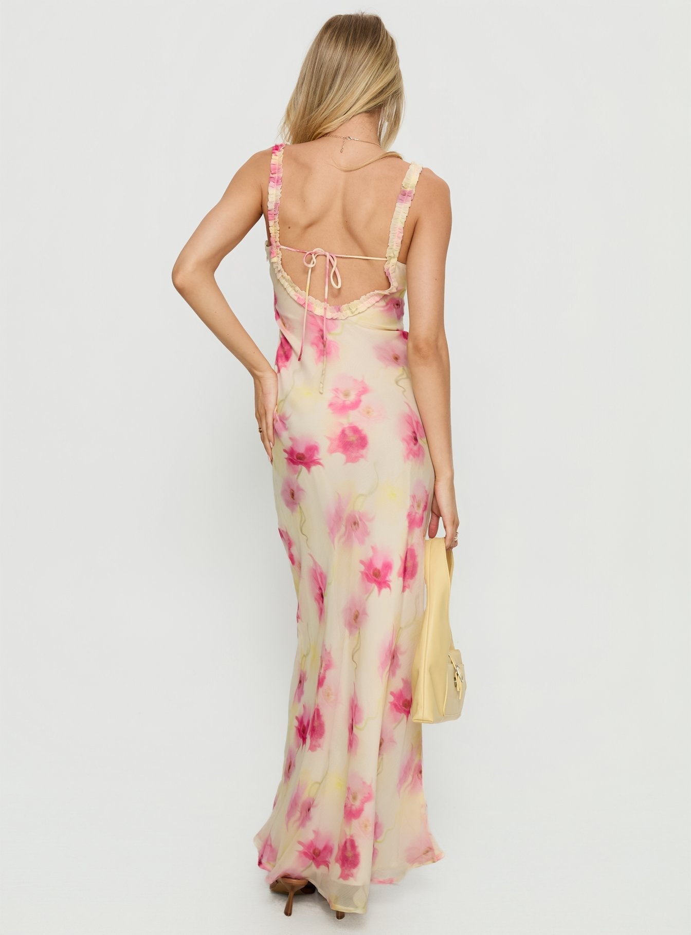 Baley Bias Cut Frill Maxi Dress White Floral