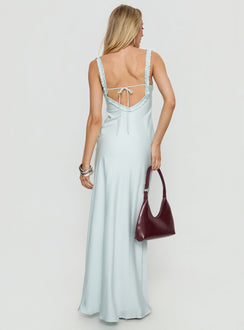 Baley Satin Bias Cut Frill Maxi Dress Blue