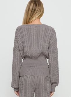 back view of model wearing Princess Polly Baleigh Cable Knit Cardigan Grey 