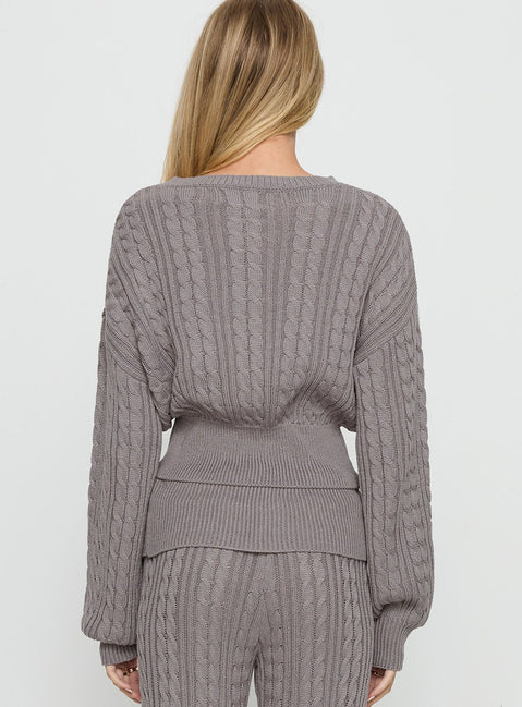back view of model wearing Princess Polly Baleigh Cable Knit Cardigan Grey 