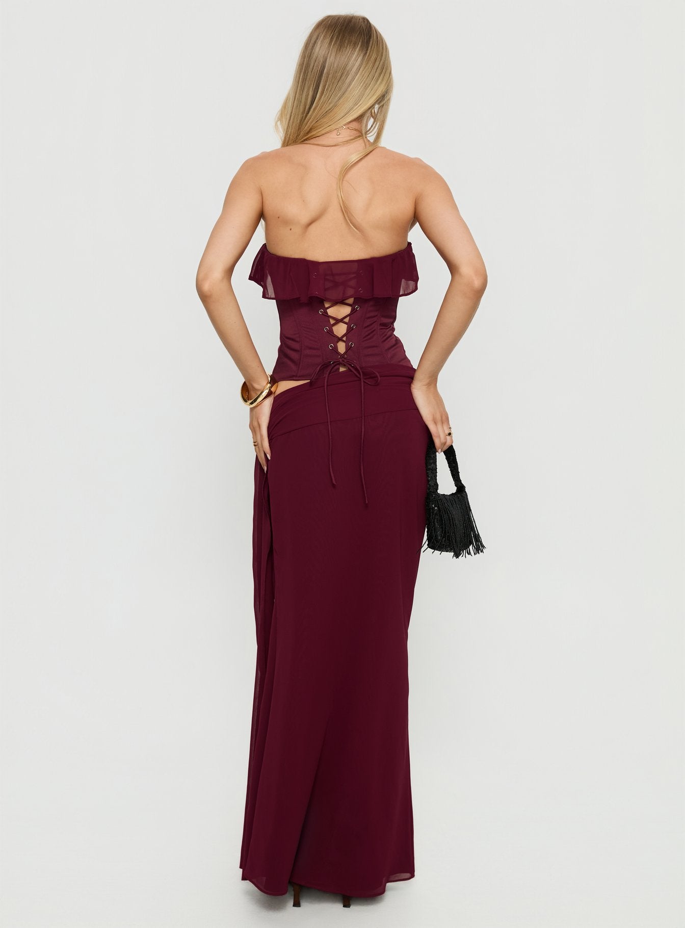 back view of model wearing Princess Polly Hollian Draped Maxi Skirt Wine Maxi Skirts 