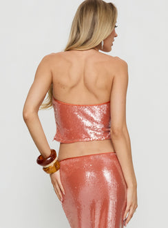 Emalia Halter Sheer Sequin Top Orange