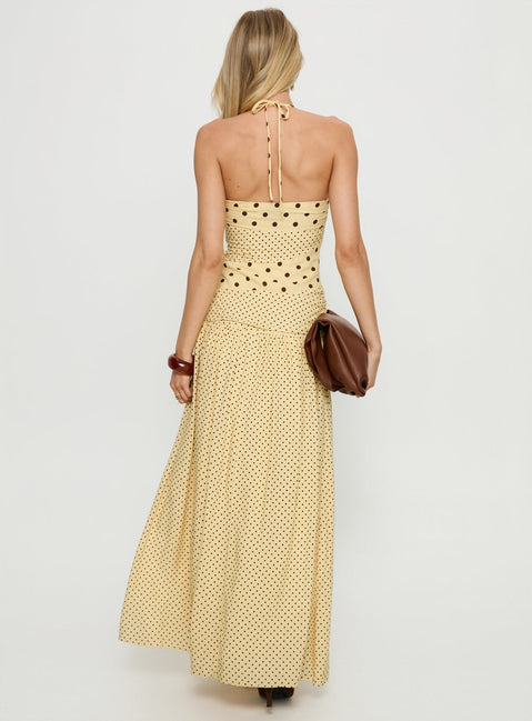 Marguerite Halter Maxi Dress Lemon / Brown Polka Dot