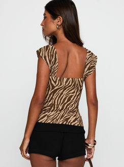 back view of model wearing Princess Polly Life In Luxury Top Brown Zebra Sleeveless Square Neck 