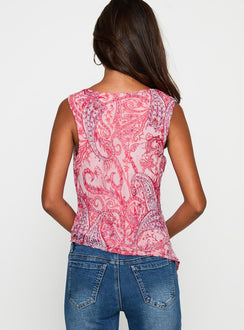 back view of model wearing Princess Polly Blame The Rain Cowl Neck Top Pink Paisley Sleeveless Cowl 