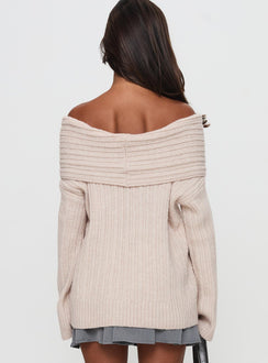 back view of model wearing Princess Polly Mirrelle Off Shoulder Knit Sweater Beige Long 