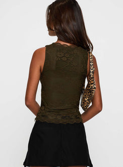 back view of model wearing Princess Polly Far Away Top Dark Green Sleeveless Plunger 