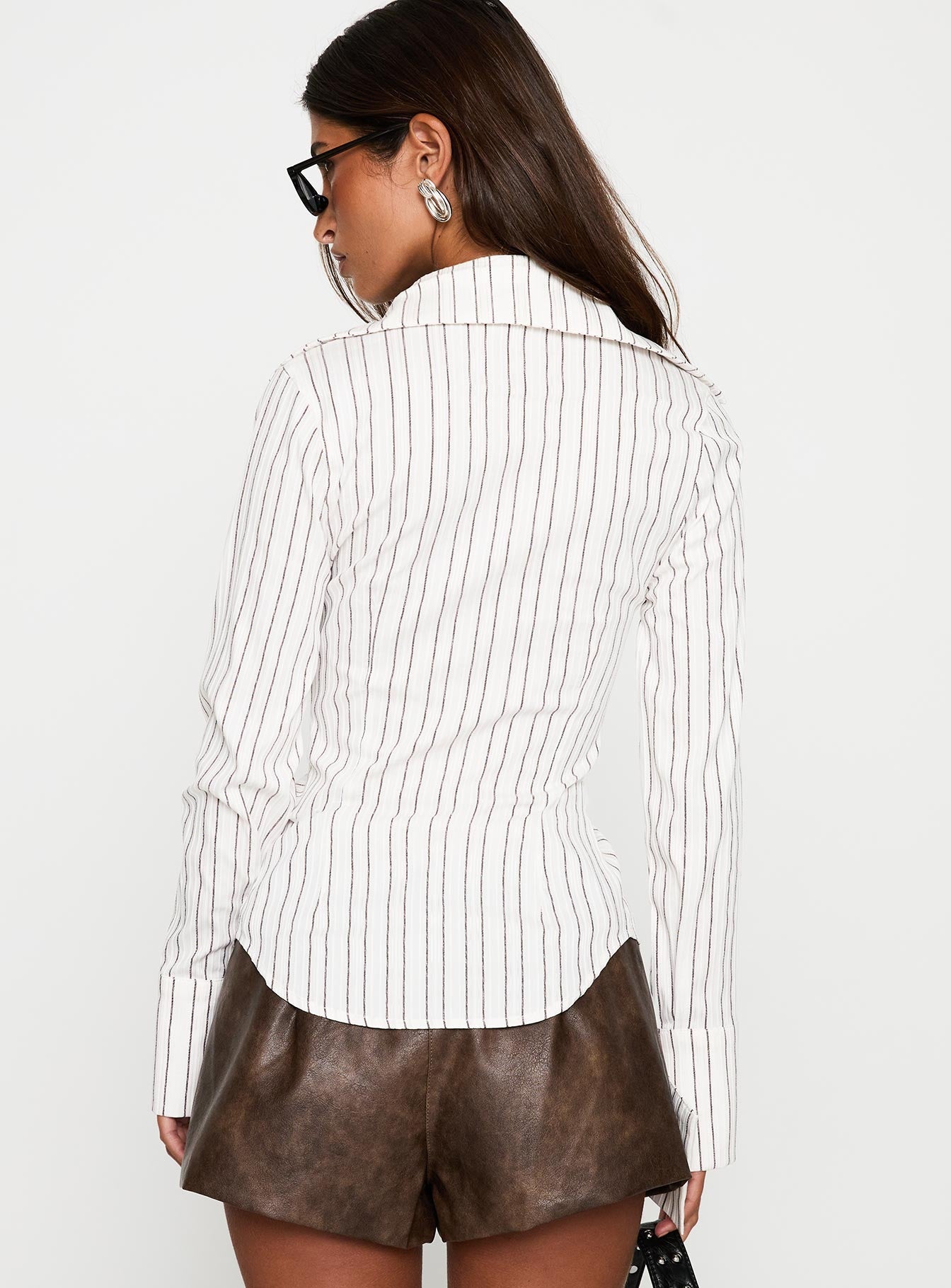 back view of model wearing Princess Polly Madlin Long Sleeve Top Beige Stripe Full Sleeves V-Neck 