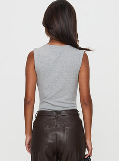 back view of model wearing Princess Polly Good Impression Button Up Bodysuit Grey Sleeveless 