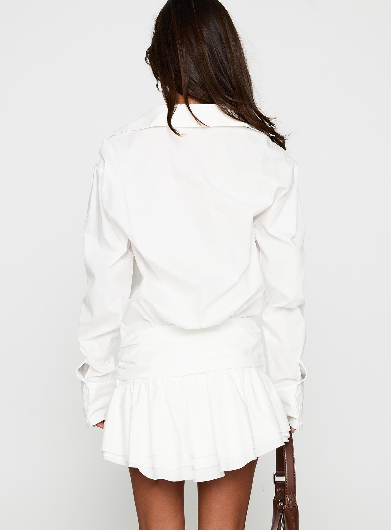 back view of model wearing Princess Polly Girls Girls Girls Mini Dress White V-Neck 