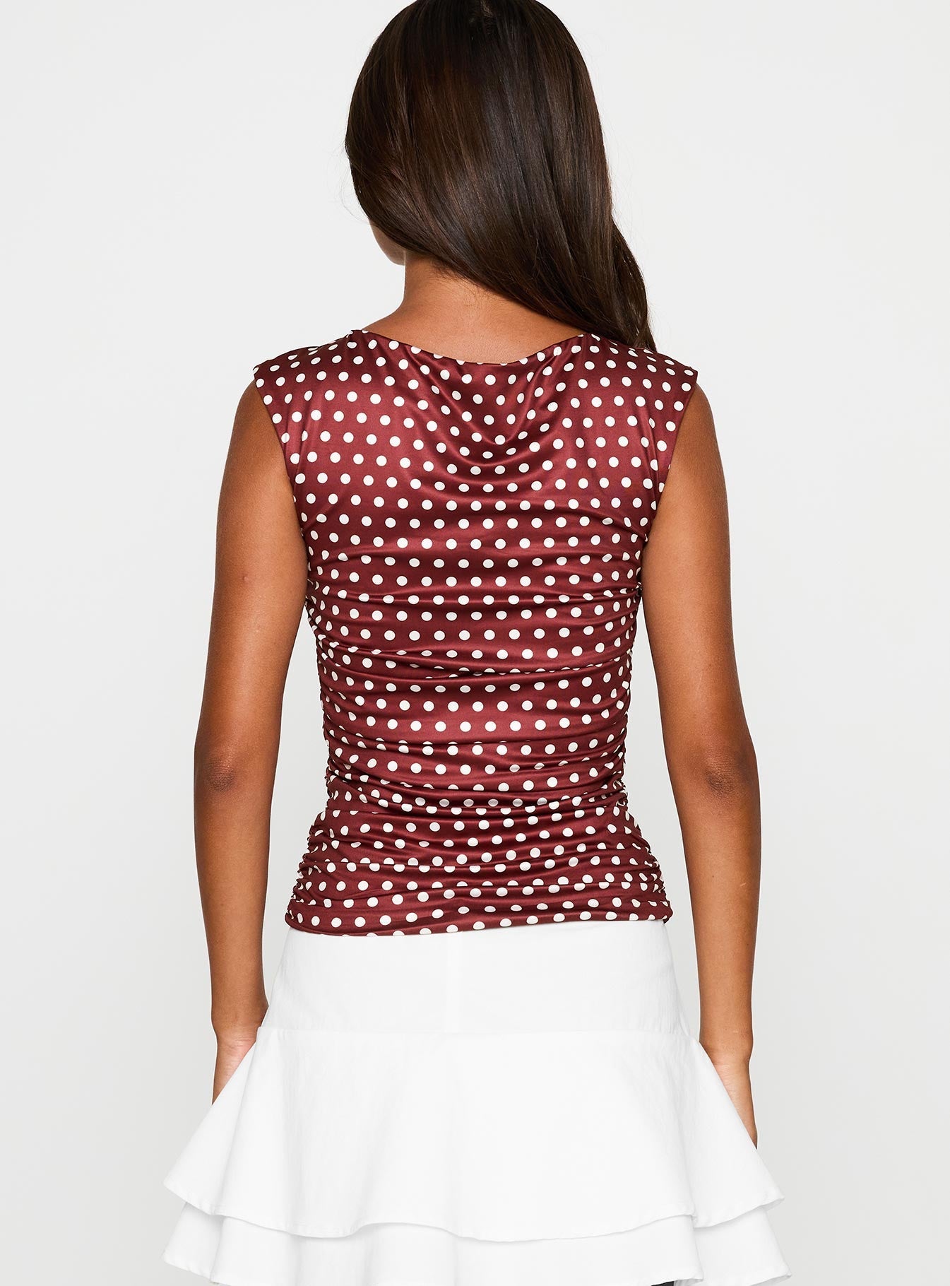 back view of model wearing Princess Polly Perfect Harmony Ruched Top Multi Sleeveless V-Neck 