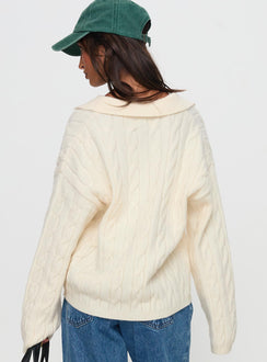 back view of model wearing Princess Polly Brodey Collared Cable Knit Sweater Cream Long 