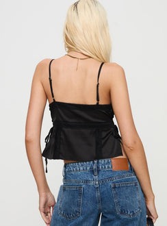 back view of model wearing Princess Polly Isolind Top Black Sleeveless V-Neck 