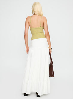 back view of model wearing Princess Polly Snowy River Tiered Maxi Skirt White Maxi 