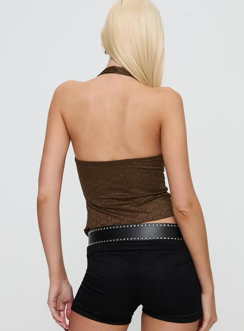 back view of model wearing Princess Polly Moderna Halter Lace Top Brown Sleeveless Plunger 