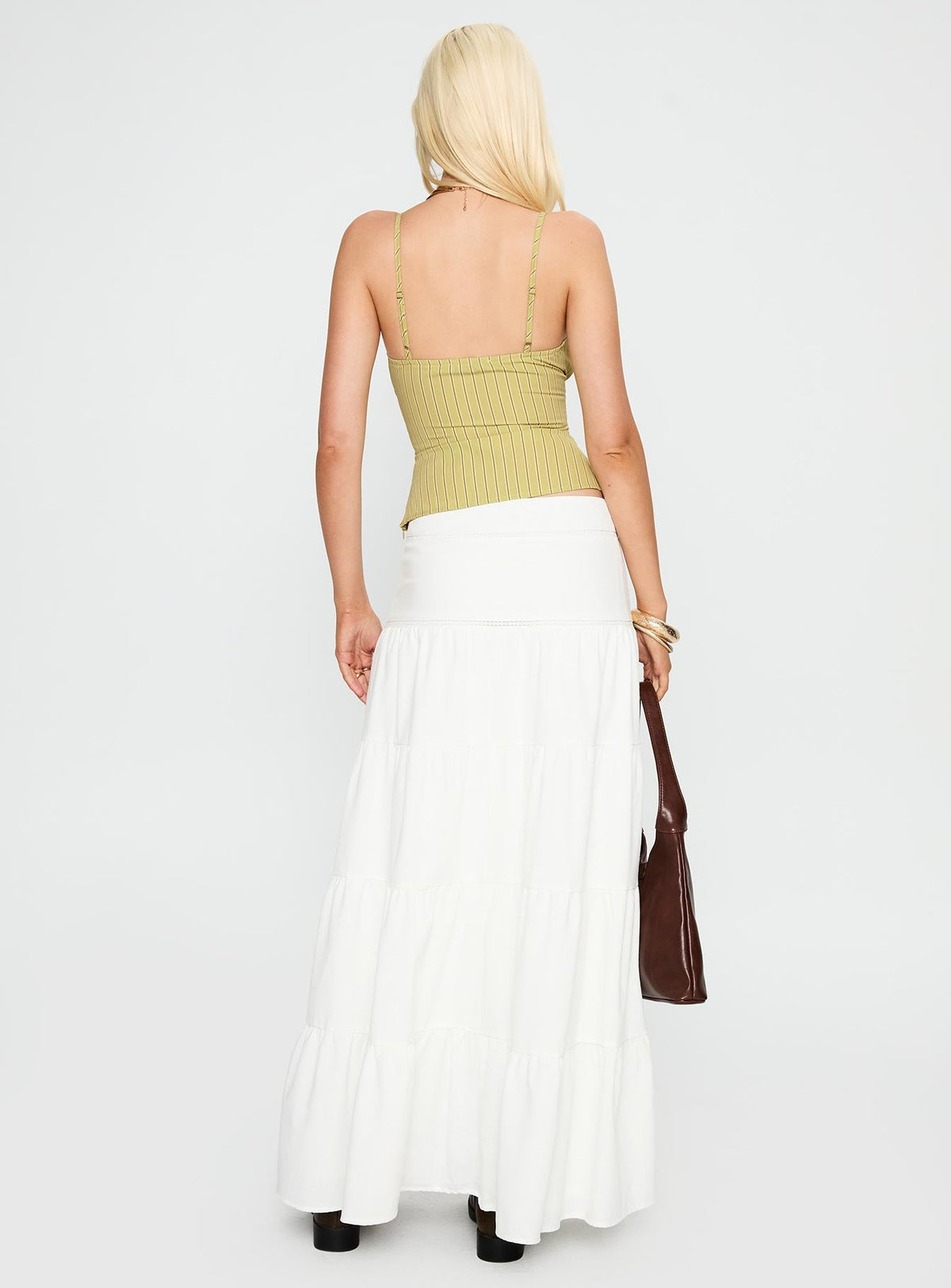 back view of model wearing Princess Polly Snowy River Tiered Maxi Skirt White Maxi Skirts Skirts 