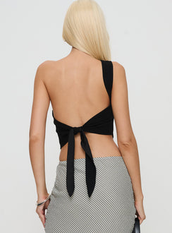 back view of model wearing Princess Polly Harford One Shoulder Top Black Sleeveless Asymmetric Neckline 