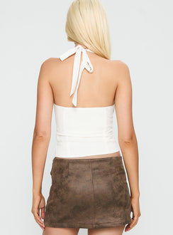 back view of model wearing Princess Polly Vayda Halter Top White Sleeveless Plunger 