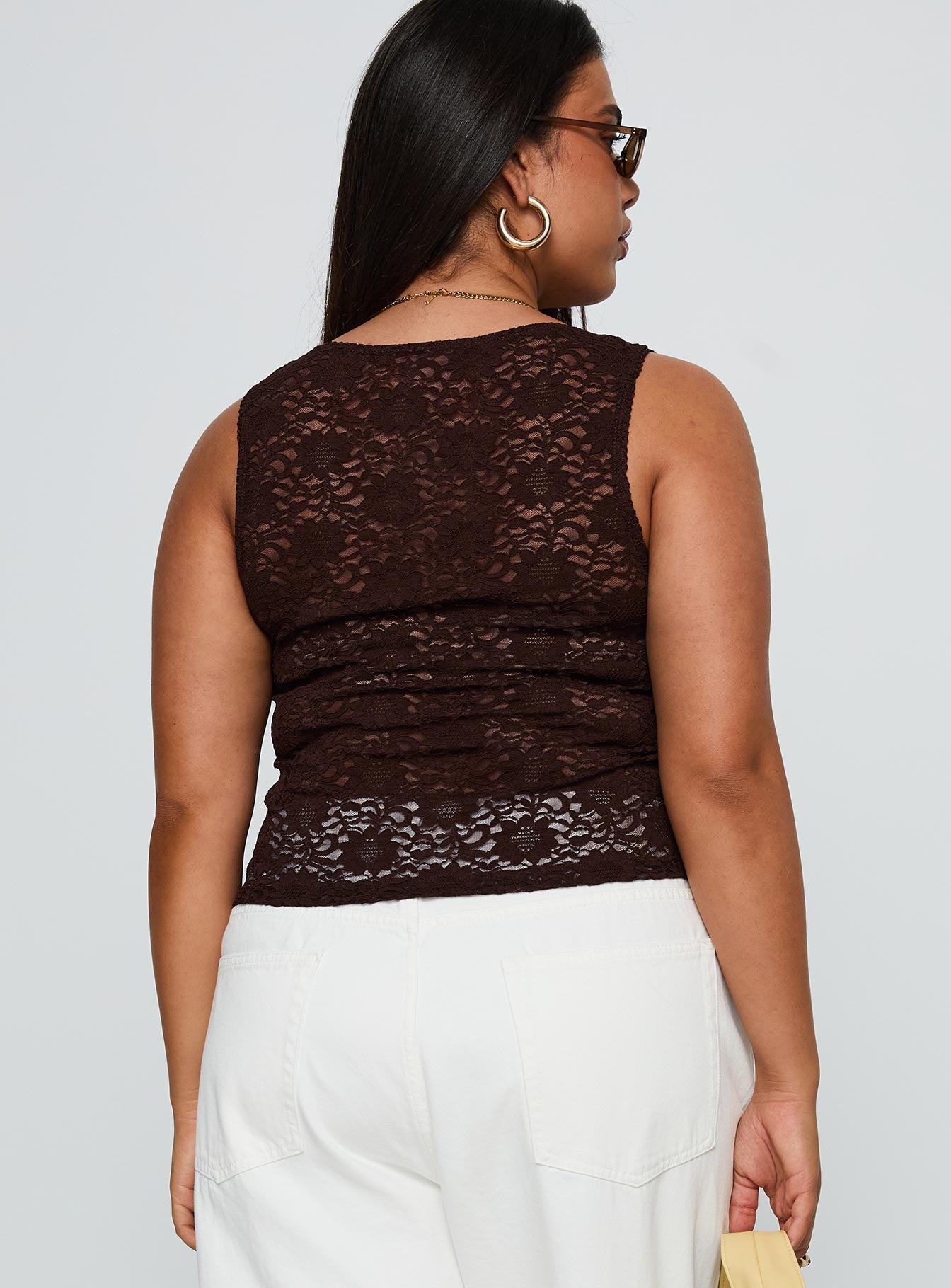 back view of model wearing Princess Polly Bennington Lace Top Brown Curve Sleeveless Square Neck 